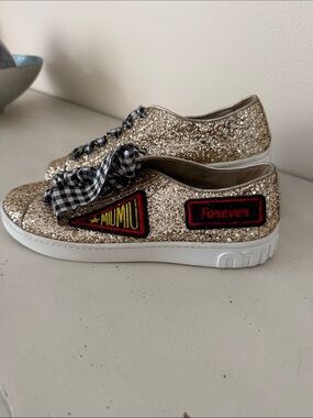 Miu Miu Gold Glitter Sneakers with Gingham Ribbon Laces